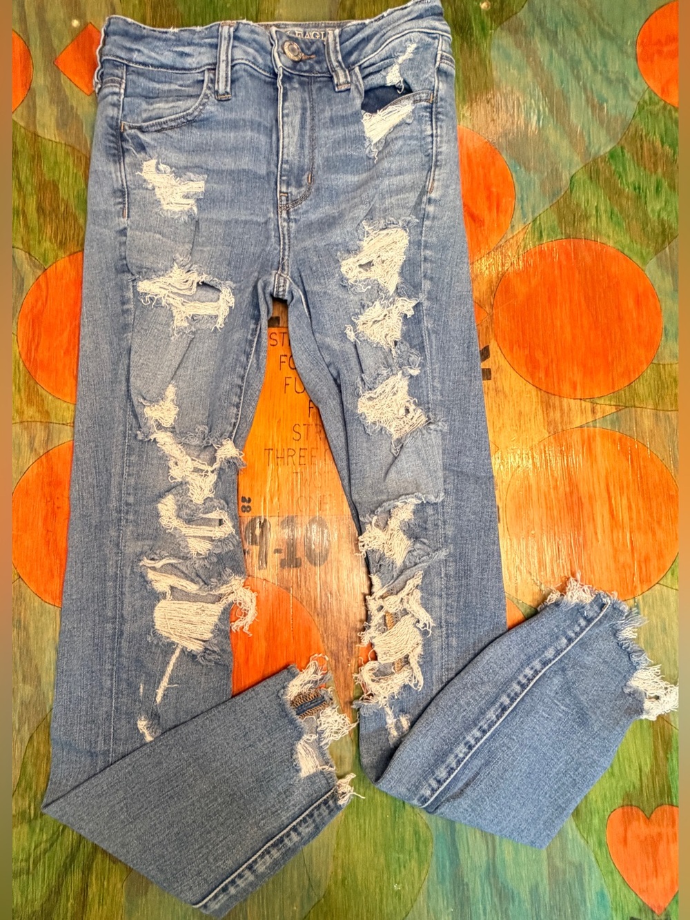 American Eagle Jeans Hi-Rise Jegging Crop Destroyed Ripped Size 4 Reg 26 x 28 De
